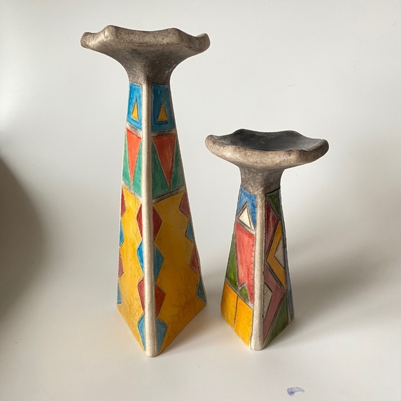 Vintage Raku Art Pottery Candlestick Holders, Set of 2 - Picture 6 of 14